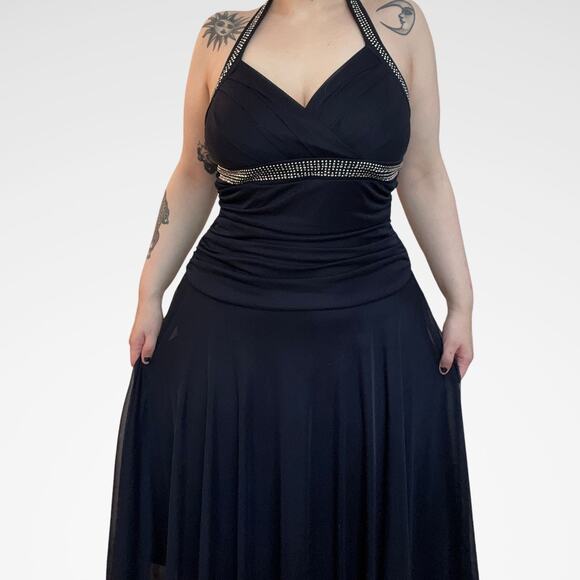 Vintage 90s Trixxi Halter Neck Ruched Midi Prom Dress Black Silver Rhinestone XL - Picture 2 of 7